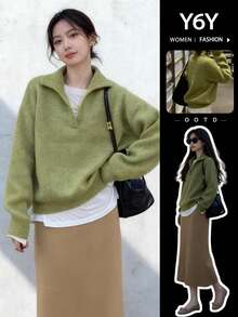 Y6Y Spring Casual High-Quality Solid Color Turndown Collar Knit Sweater For Women, New Style Green Loose Versatile Slim Fit Long Sleeve Pullover - Green - View 8