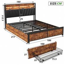 Caluself Double Bed 140/160/180 X 200 Cm, Bed Frame Made Of Steel And Wood With 4 Drawers Under The Bed, Bed With Metal Slatted Base, Upholstered Bed With Storage Space, Youth Bed With Headboard, Headboard With Storage Compartments, Without Mattress - 黑色 - 查看 9