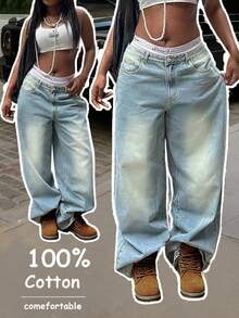 Jeans de pierna ancha de cintura media y baja lavados de estilo retro para mujeres en verano, estilo americano, corte holgado, estilizador, versátil, pantalones colgantes de papá de talla pequeña - Azul - Ver 1