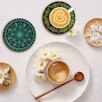 6pcs Mandala Flower Wooden Coasters, 3.93 Inches*3.93 Inches - Ideal For Home, Bar And Office Gatherings, Coasters, Festivals