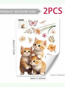 1/2/3pcs Creative Cute Orange Cat, Butterfly & Floral Wall Stickers, Removable Decals For Bedroom And Living Room Decor, Ideal For Thanksgiving, New Year Home Decoration And Gifts - Multicolor - View 9
