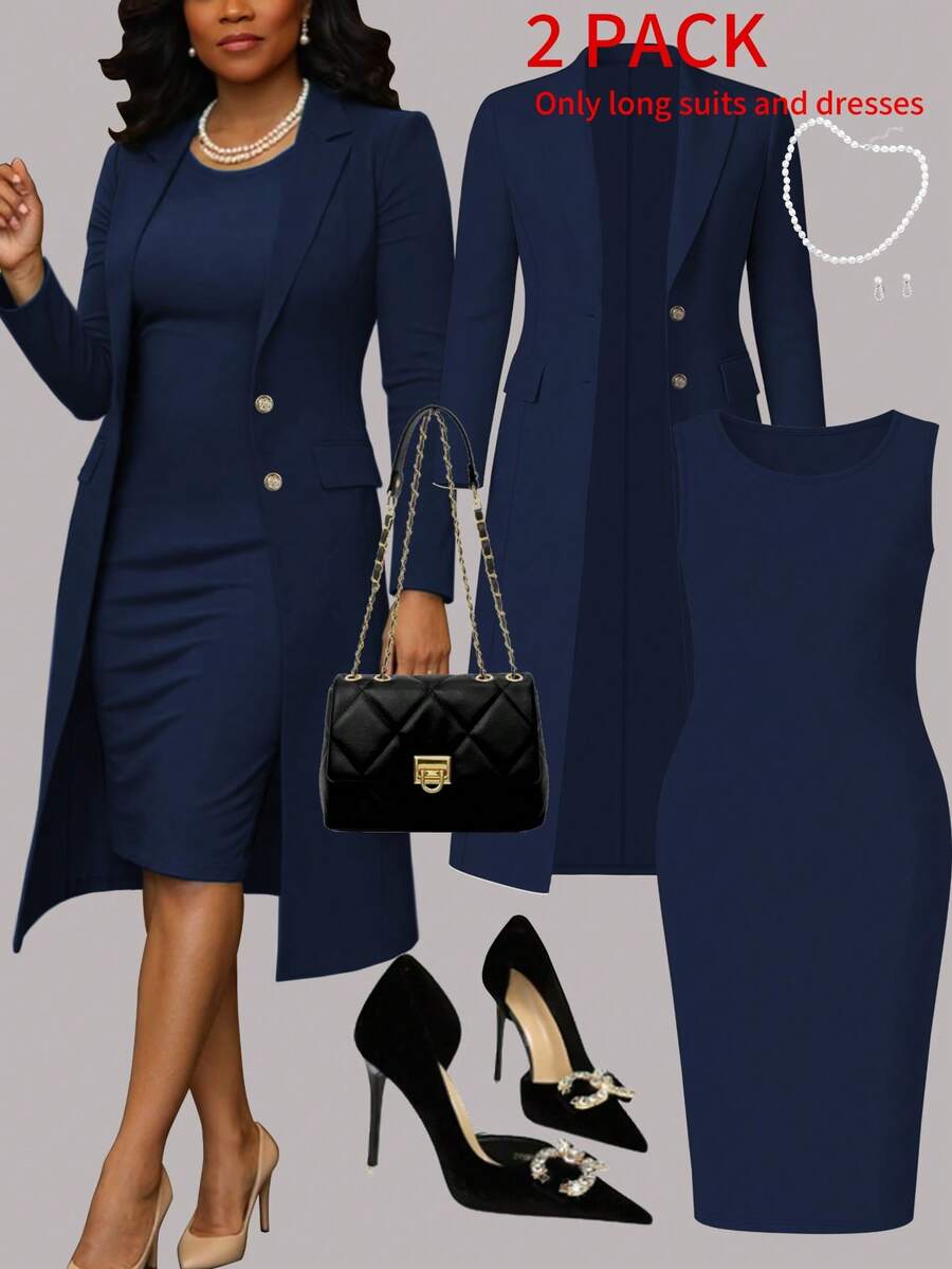 Women's Elegant 2-Piece Set, Solid Color Long Sleeve Cardigan Jacket + Sleeveless Midi Dress, Autumn/Winter Spring - Navy Blue 22+25 - View 1