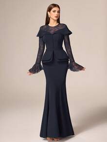 VIPGIRL Đầm maxi dáng đuôi cá sang trọng, thanh lịch dành cho nữ, được trang trí bằng ren tương phản và tay áo loe, hoàn hảo cho các dịp trang trọng, ngày Valentine, đám cưới, tiệc mùa xuân. - Màu xanh hải quân - Xem 3