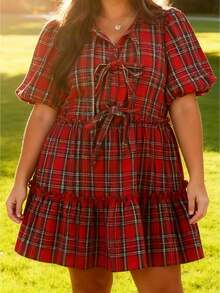 Women's Plus Size Christmas Red Dress Summer Holiday Short-Sleeve Collared Tie-Front Plaid Dress Street Style Aesthetic Christmas Outfit - Màu Đỏ Sâu - Xem 1