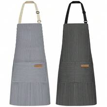 NLUS 2 Pcs Kitchen CooFKing Aprons, Poly/Cotton Blend Adjustable Soft Bib Stripe Aprons With 2 Pockets For Women Men Chef (Blue Pinstripes/Black Pinstripes),Blue/Black - 藍/黑 - 查看 2