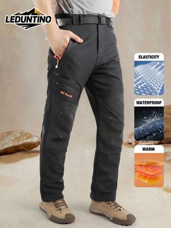 LEDUNTINO 男士时尚拉链加厚抓绒工装裤 – 纯色（绿色/灰色可选），弹性腰带，秋冬季防风，多口袋撞色字母印花设计，适合户外和日常穿着，理想的男友礼物，春秋季男士下装。