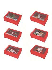 6pcs Christmas Cartoon Candy Packaging Boxes - Transparent Window Cookie Pastry Boxes, Red Holiday Gift Boxes, Christmas Gift Packaging Boxes - Multicolor - View 3