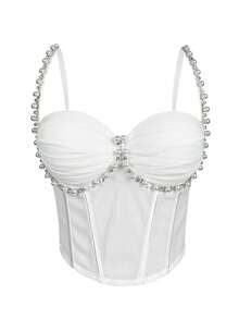 Pearl Dimond Tank Top With Bra Wrinkle Mesh Boned Bustier Tops Sexy Elegant Crop Top Party - White - View 1