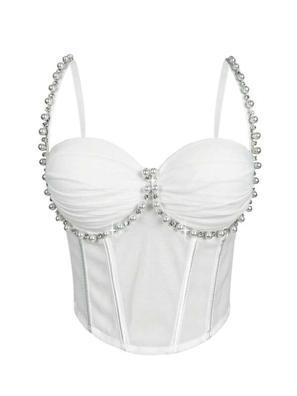 Pearl Dimond Tank Top With Bra Wrinkle Mesh Boned Bustier Tops Sexy Elegant Crop Top Party