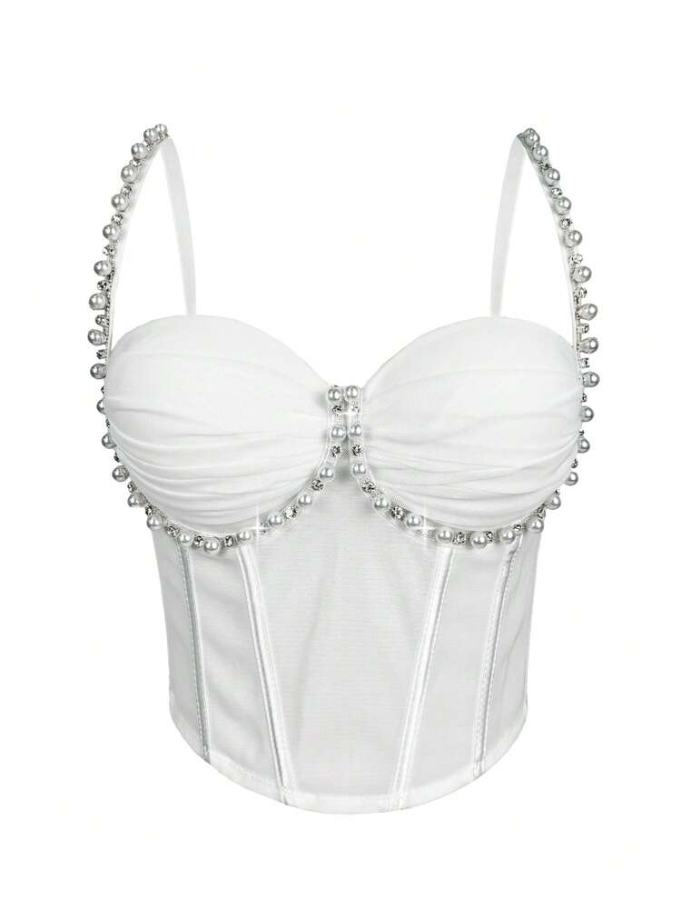 Pearl Dimond Tank Top With Bra Wrinkle Mesh Boned Bustier Tops Sexy Elegant Crop Top Party - White - View 1