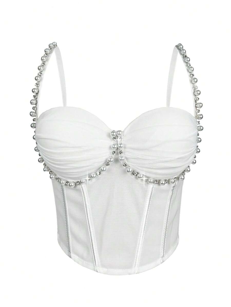 Pearl Dimond Tank Top With Bra Wrinkle Mesh Boned Bustier Tops Sexy Elegant Crop Top Party - White - View 1