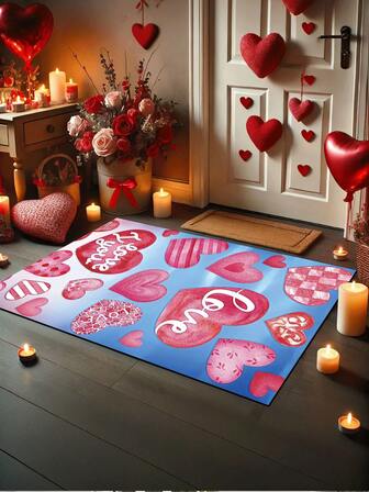 1 قطعة سجادة باب بشكل قلب وردي - غير انزلاقية، قابلة للغسل في الغسالة من البوليستر مستطيلة، تصميم قلب على خلفية زرقاء، سجادة ترحيب للاستخدام الداخلي والخارجي، مناسبة لمدخل المنزل والغرفة والممر، سجادة أرضية ديكور منزلي، سجادة ديكور عيد الحب، تصميم أزرق وزهري لديكور الشرفة الخارجية