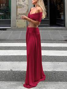Women Solid Ruched Knot Off Shoulder Corp Top And Knot Ruched Long Skirt Two Pieces Set Female Skinny Sexy Vacation Evening Club Prom Outfit