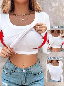 ChicMe Women Built In Bra U Neck Long Sleeve T Shirt Slim Fit Ribbed Knit Top Casual Basic Layering Daily Wear Streetwear Office - White - View 2