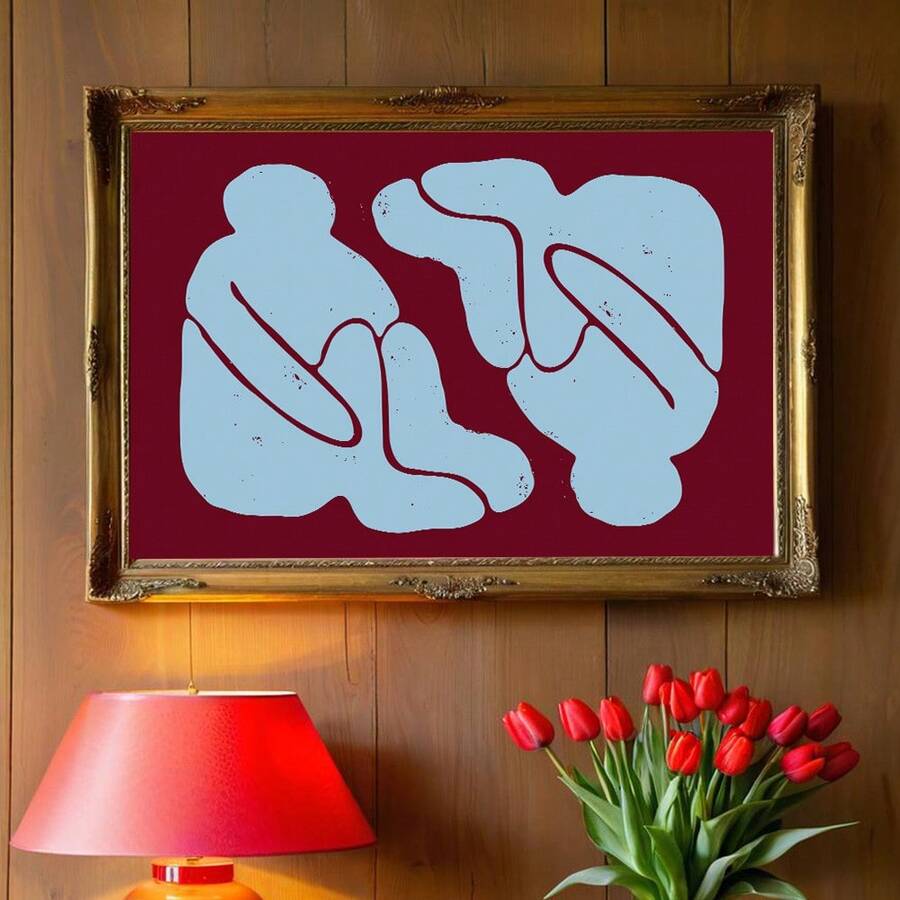 1pc Framed/Unframed Abstract People Sitting Canvas Poster Blue Red Minimalist Vintage Wall Art Print Retro Painting For Apartment,Living Room,Bedroom,Modern Home Office Decoration - Multicolor - View 1