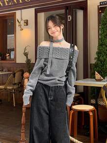 女士简约灰色露肩毛衣，修身版型，针织上衣，高端气质，秋冬 - 灰色 - 查看 5