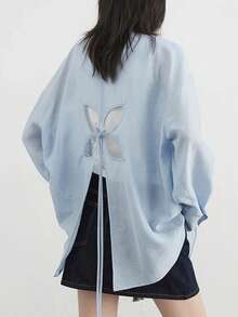女士宽松休闲衬衫，长袖露背开衩设计，纯色梭织面料，镂空前襟纽扣系带，适合休闲办公、日常约会穿着，春夏款 - 藍色 - 查看 1