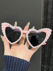 1pc Heart-Shaped Pearl Embellished Minimalist Bride Eyeglasses Frame With "Bride" Letter, Suitable For Bridal Party, Wedding Photography, Vintage Style, Party, Stage Performance, Accessory For Valentine's Day, Bridal Outfit, Holiday Outfit - Multicolor - View 8