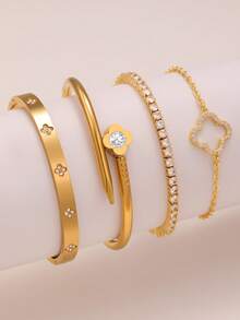 Shiny Fashion Four-Leaf Clover Nail-Shaped Zirconia Inlaid Bangle Bracelet Set, Stainless Steel, Versatile, Suitable For Daily Wear, Couples, And Gifts - Yellow Gold - View 1