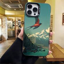 Cubierta de telefono con borde negro y diseño de montaña azul con ave volando y texto SO COOL para uso diario en cafeterias - Blanco - Ver 4
