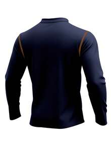 Men's Contrast Color Collar Polo Shirt, Vintage Button Design With Pocket, Casual Top - Navy Blue - View 4