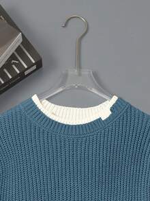 Men's Casual Contrast Trim Long Sleeve Sweater, Autumn/Winter - Blue - View 3