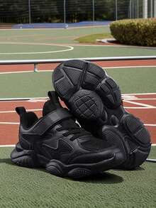 1 Pair ' Casual Sneakers, Solid Color, Odor-Resistant, Breathable Mesh, Low-Top, Hook & Loop Closure, Street & School Style, Unisex, Lightweight, EVA Cushioned Sole, Outdoor Running Shoes - Black - View 6