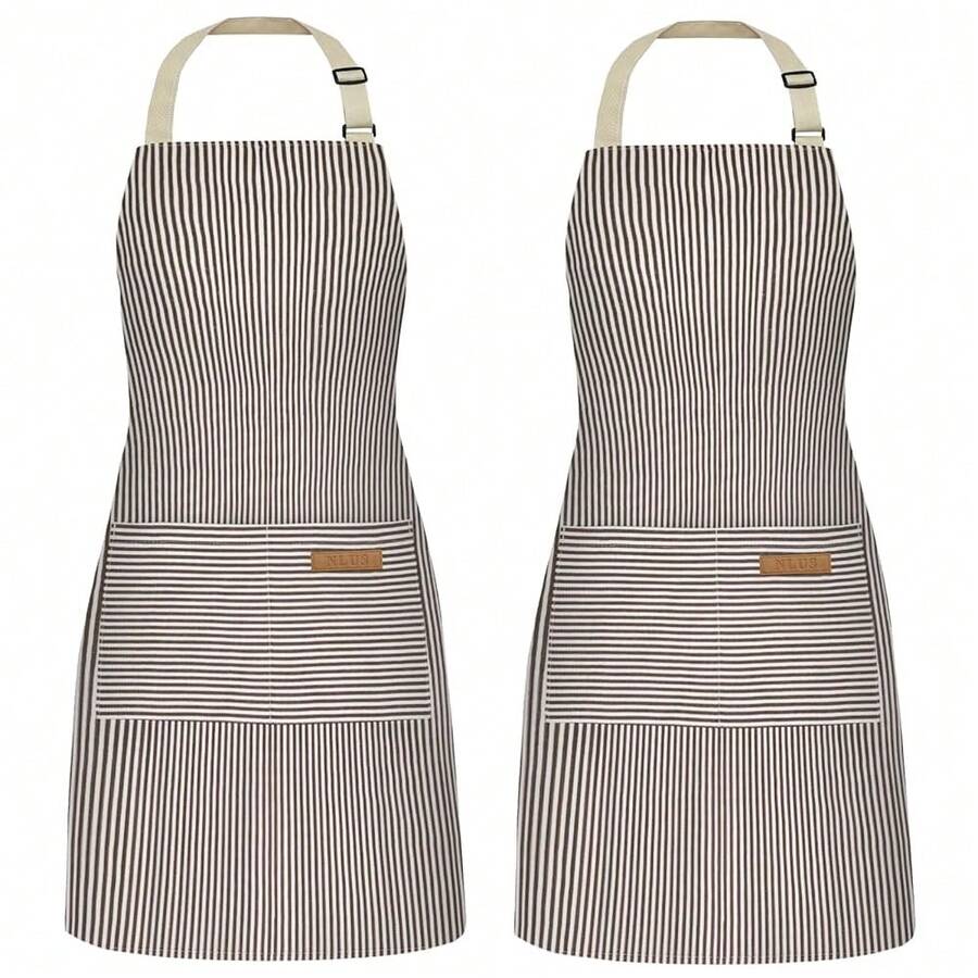 NLUS 2 Pack CooFKing Aprons For Women With Pockets, Adjustable Kitchen Bib Aprons Chef Aprons For Women Men(Brown Pinstripes),Taupe - رمادي داكن - مشاهدة 1