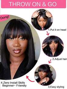 Glueless Short Bob Human Hair Wigs With Bangs Straight None Lace Front Wigs Brazilian Hair 180 Density Machine Made Straight Bob Wig For Women Natural Color 8 Inch - Natural Black - 查看 2
