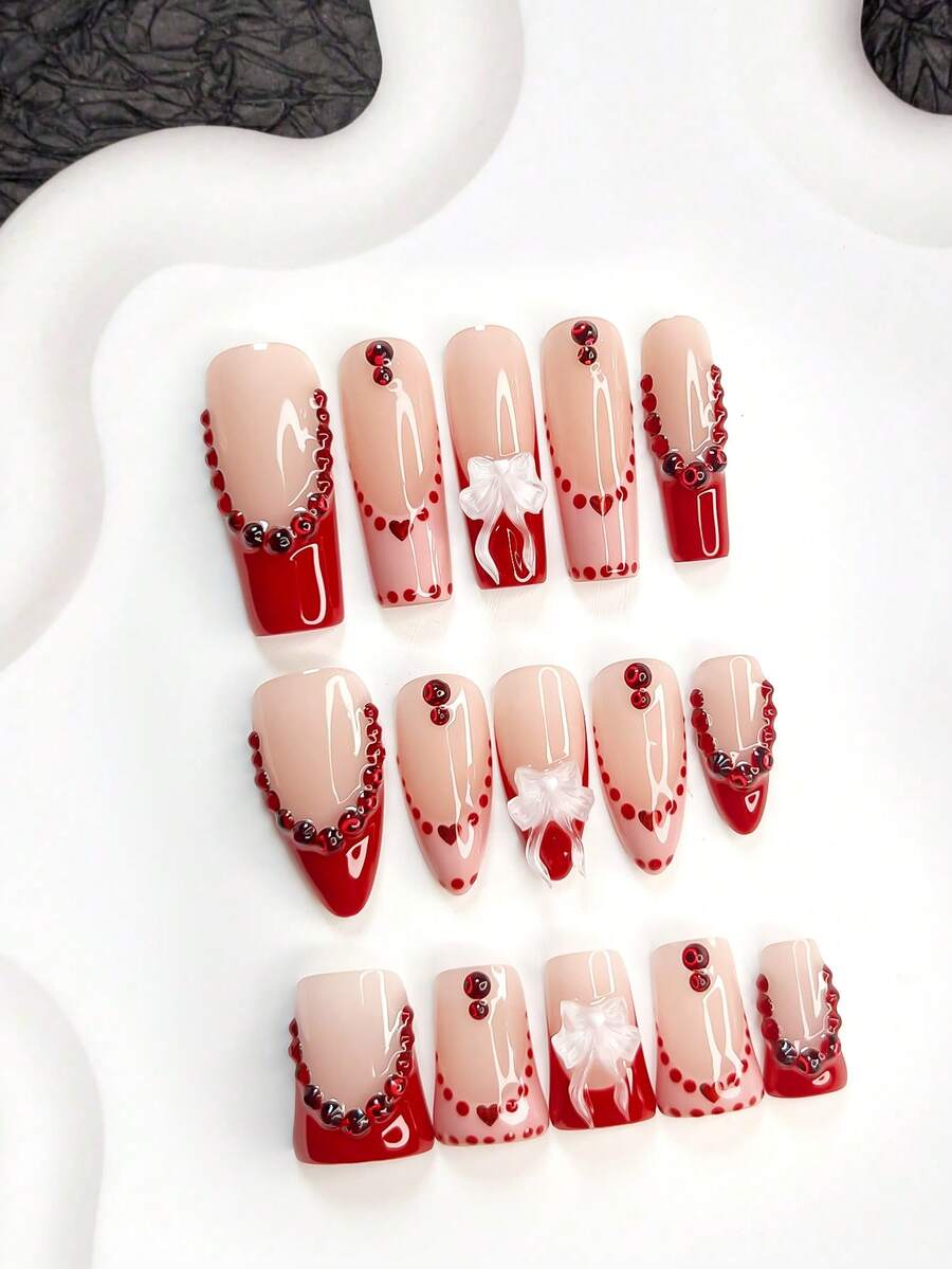 10pcs/Set Minimalist Valentine's Day Nail Art Kit, Including Shiny Red Rhinestone Nail Stickers, Hand-Painted French Fake Nails, Shiny Heart Nail Stickers, Flowing Bow Nail Decorations, Pink Nail Polish, Red Gel Nail Polish, 3 Sizes Available: Almond, Duck Mouth, Coffin Shape, Comes With Nail Tools, Suitable For Parties, Valentine's Day, Casual Wear, Great Gift - Nhiều màu - Xem 1