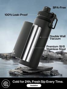 Powcan 18oz stainless steel sports water bottle with spout and handle lid, wide-mouth bottle, double-layer stainless steel, leak-proof design, suitable for sports, outdoor activities, travel, school, and office - 黑色 - 查看 3