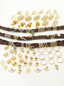 70pcs Mixed Style Metal Hair Scrunchies Set, DIY Braids Hair Accessories, Hair Beads, Braided Hair Ties, Boho Hair Decorations, Braid Jewelry, Suitable For Women, Music Festival Party (Valentine's Day), Claw Clips, Hair Slide, Hair Barrettes Valentine's Day Accessories Gift - Gold - View 2