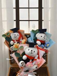 卡通熊花束，祝贺装饰，迷你熊医生花束，婚礼派对装饰，毕业派对装饰及礼物，教师节礼物，毕业季礼物，熊医生花束，成品针织花束，送给同学的创意礼物，针织羊毛花束，医生帽熊礼物 - 彩色 - 查看 6