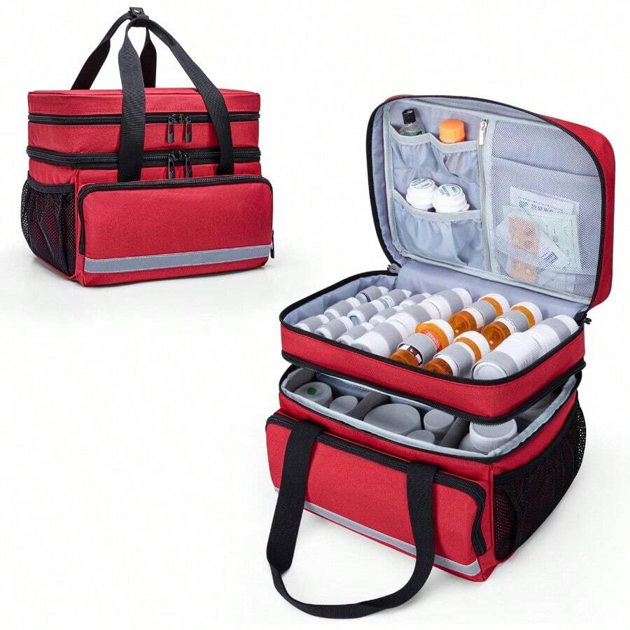 Double Layers Pill Bottle Organizer Bag Empty Medicine Organizer Storage Case With Lockable Zippers Medication Travel Bag For Prescription Bottles Medical Supplies Gray Patent Design