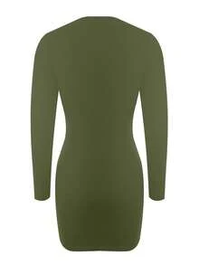LovelyWholesale Women's Casual Round Neck Long Sleeve Solid Color Fitted Mini Dress, Suitable For Daily Wear In Summer - Army Green - View 9