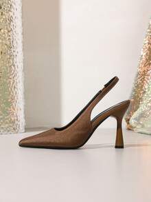 2025 New Fashion Sexy Pointed Toe Women's High Heels, Satin Fabric Backless Pumps, Brown - Brown - View 5