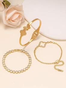 3pcs Fashionable Stainless Steel Zirconia Bracelet Set For Women, Suitable For Party, Gathering, And Daily Wear - Gold - View 1
