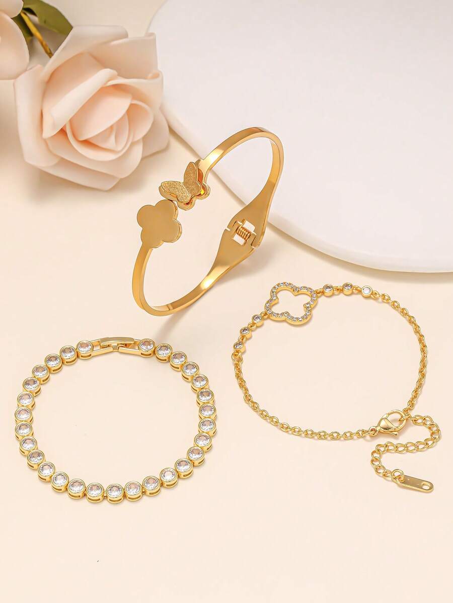 3pcs Fashionable Stainless Steel Zirconia Bracelet Set For Women, Suitable For Party, Gathering, And Daily Wear - Gold - View 1