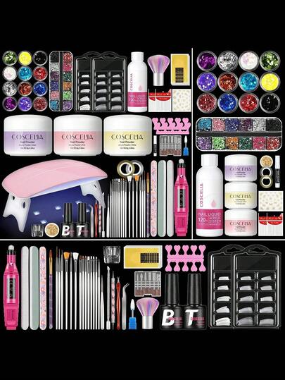 coscelia 33 piezas Kit de Arte de Uñas Acrílico, Adecuado para Principiantes, Incluye Polvo Acrílico, Líquido Acrílico, Lámpara de Uñas y Todas las Herramientas, Se Puede Usar para Practicar Pegatinas de Arte de Uñas en Casa, Ideal para Salón de Uñas DIY (Lima de Uñas y Pegamento de Uñas Enviados al Azar)