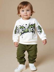 Conjunto de 2 piezas para bebé niño con top de manga larga con cuello redondo y estampado de letras + pantalones cargo casuales con bolsillo falso