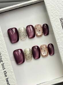 10片手工美甲片，椭圆方形亚克力按压式美甲，短款/中款，极简紫色美甲，闪亮猫眼，闪粉手绘波点图案，简约优雅奢华手工美甲，秋季美甲，秋季按压式美甲，可爱美学，百搭美甲，DIY假指甲，派对日常及约会使用，海滩热带度假适用，可重复使用，适合女性和女孩作为礼物，美甲用品 - 紫色 - 查看 13