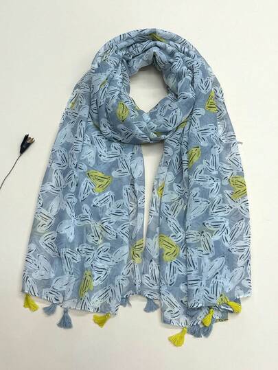 1pc Lightweight Printed Scarf With Tassels, Elegant Design Fashion Shawl For Women, Breathable Chiffon Scarves For Spring/Summer, Versatile Headscarf, Beach Wrap, Sun Protection