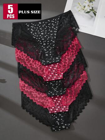 5 piezas Bragas de encaje talla grande para mujer - Ropa interior roja - Bragas de Navidad