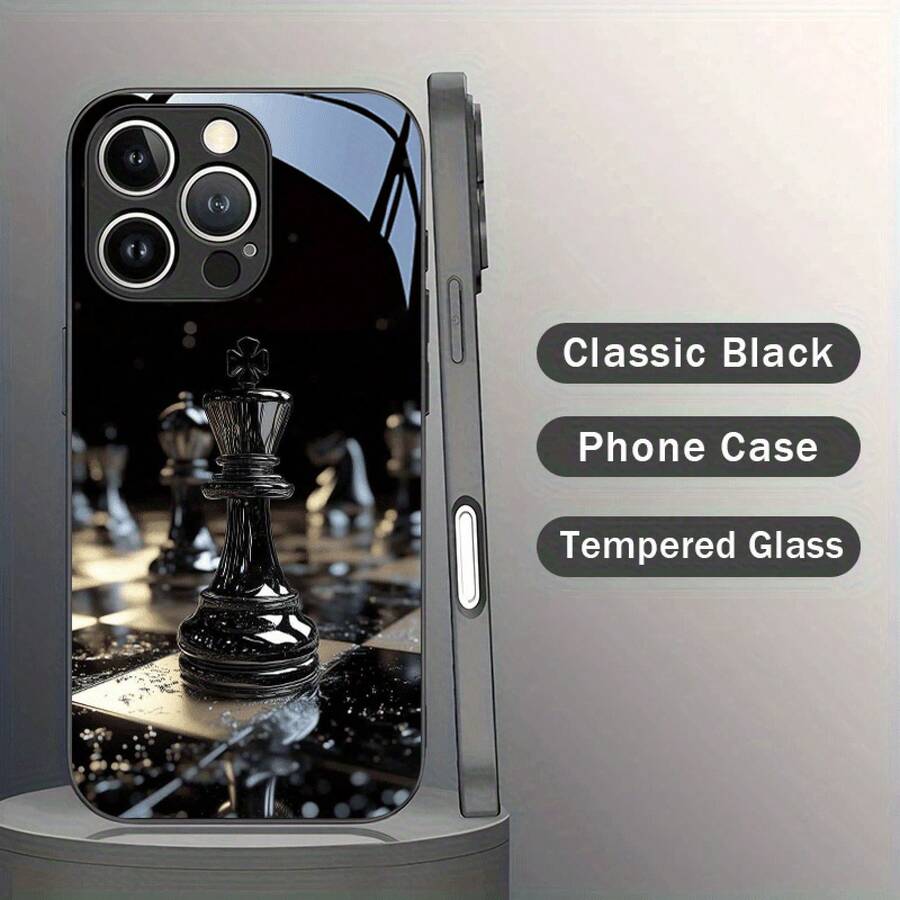 Funda de Teléfono de Vidrio Templado con Patrón de Ajedrez de Metal Texturizado Plateado Negra para iPhone 16/16Plus/16Pro/16ProMax/15/15Plus/15Pro/15ProMax/14/14Plus/14Pro/14ProMax/13/13Pro/13ProMax/13Mini/12/12Pro/12ProMax/12mini/11/11Pro Max/x/xs/xr/xsmax/7/8 Simple Elegante de Alto Valor para Hombres y Chicas de Negocios Divertida y Original a Prueba de Golpes - Colores mixtos - Ver 1