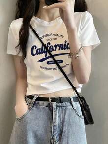 女士夏季字母印花圆领短袖休闲T恤