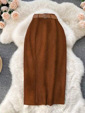 Falda midi elegante y vintage con corte evasé y abertura lateral para mujeres