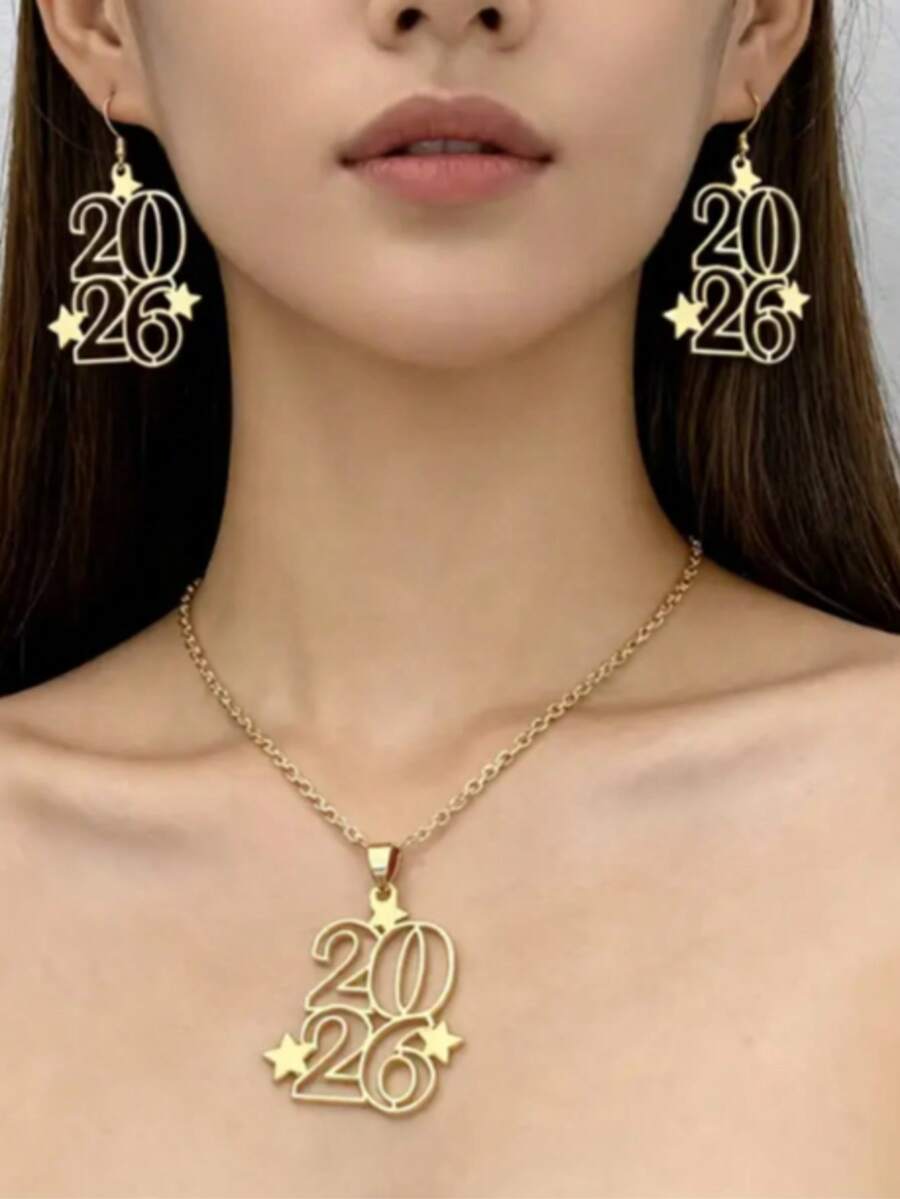 3件套新款时尚镂空数字2026金色金属点缀女士项链耳环首饰套装,适合日常佩戴和节日礼物,首饰套装,女士首饰,女士项链,高品质女士首饰 - 套裝 - 查看 1