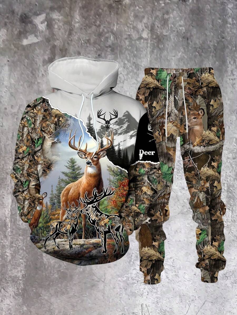 Spring And Autumn Men'S Casual Hoodie And Pants Set With High-End Forest-Themed Animal Prints. - Styie - View 1