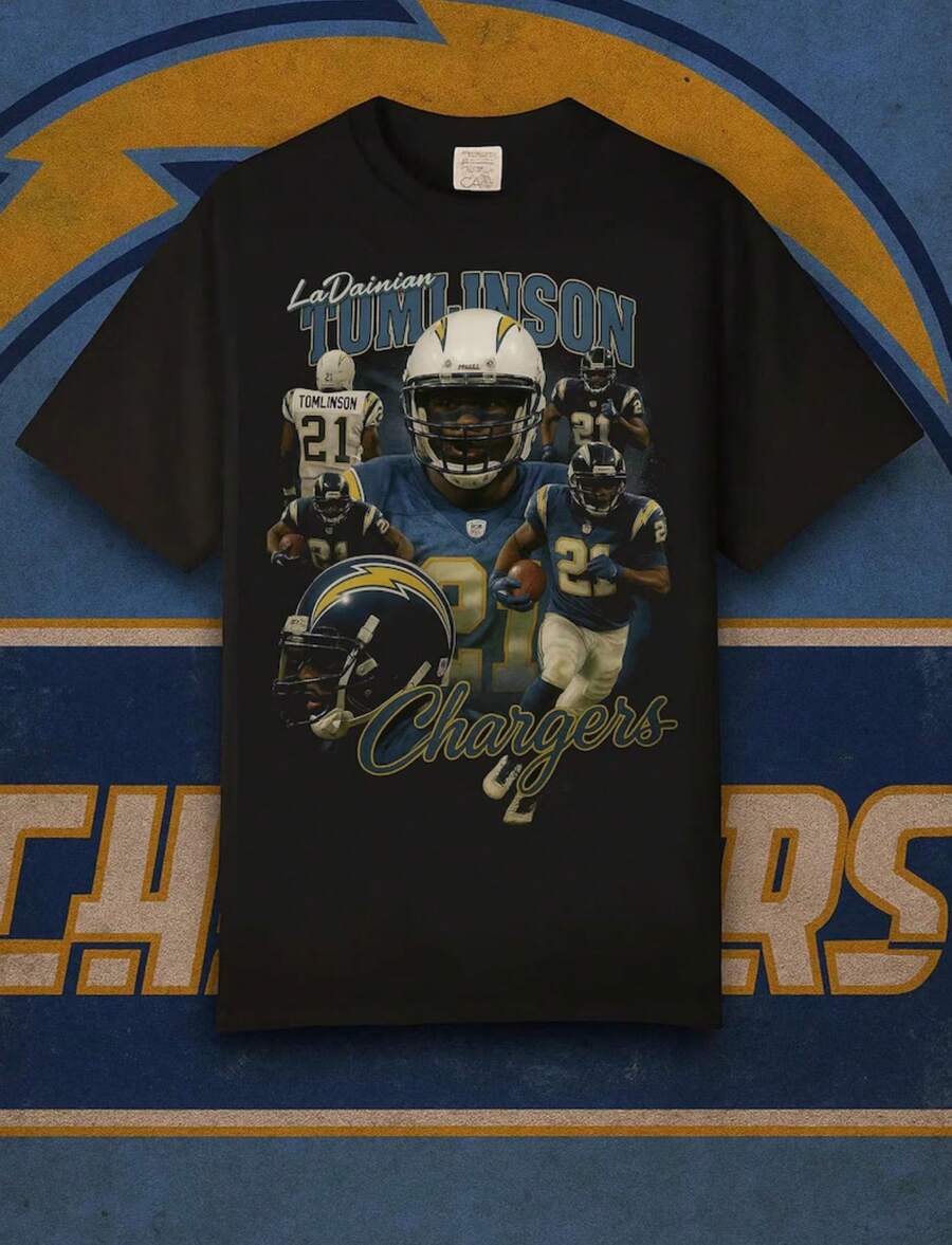 LaDainian Tomlinson Bootleg Tee _ Vintage 90s Style Chargers Shirt _ Retro Football Graphic Unisex - 黑色 - 查看 1