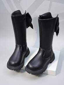 新款秋冬女童長筒高筒靴中大童低跟厚底防滑帶絲帶靴子 - 黑色 - 查看 5